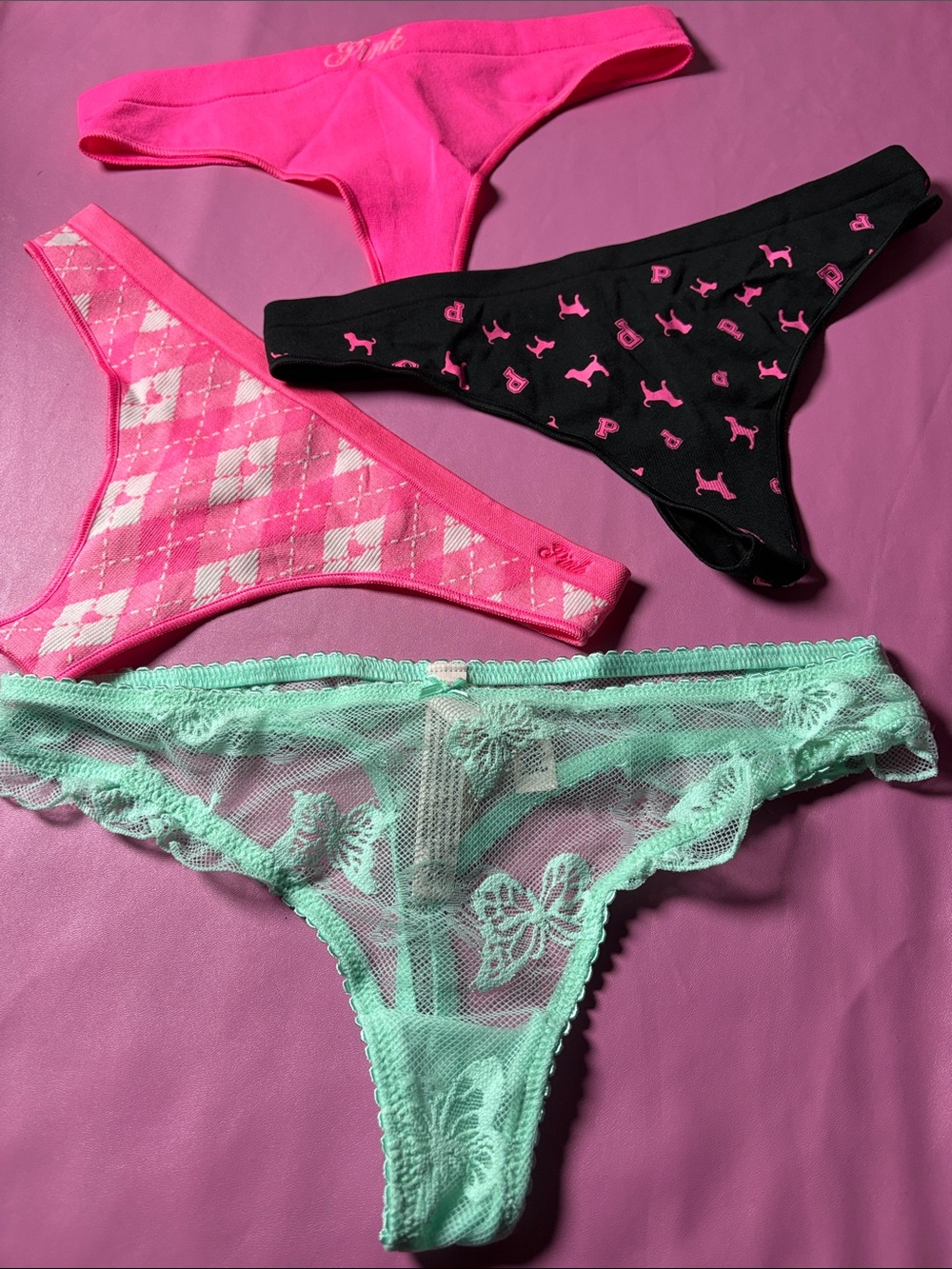 Victoria's Secret Pink, Black & Mint Lace Thong Set